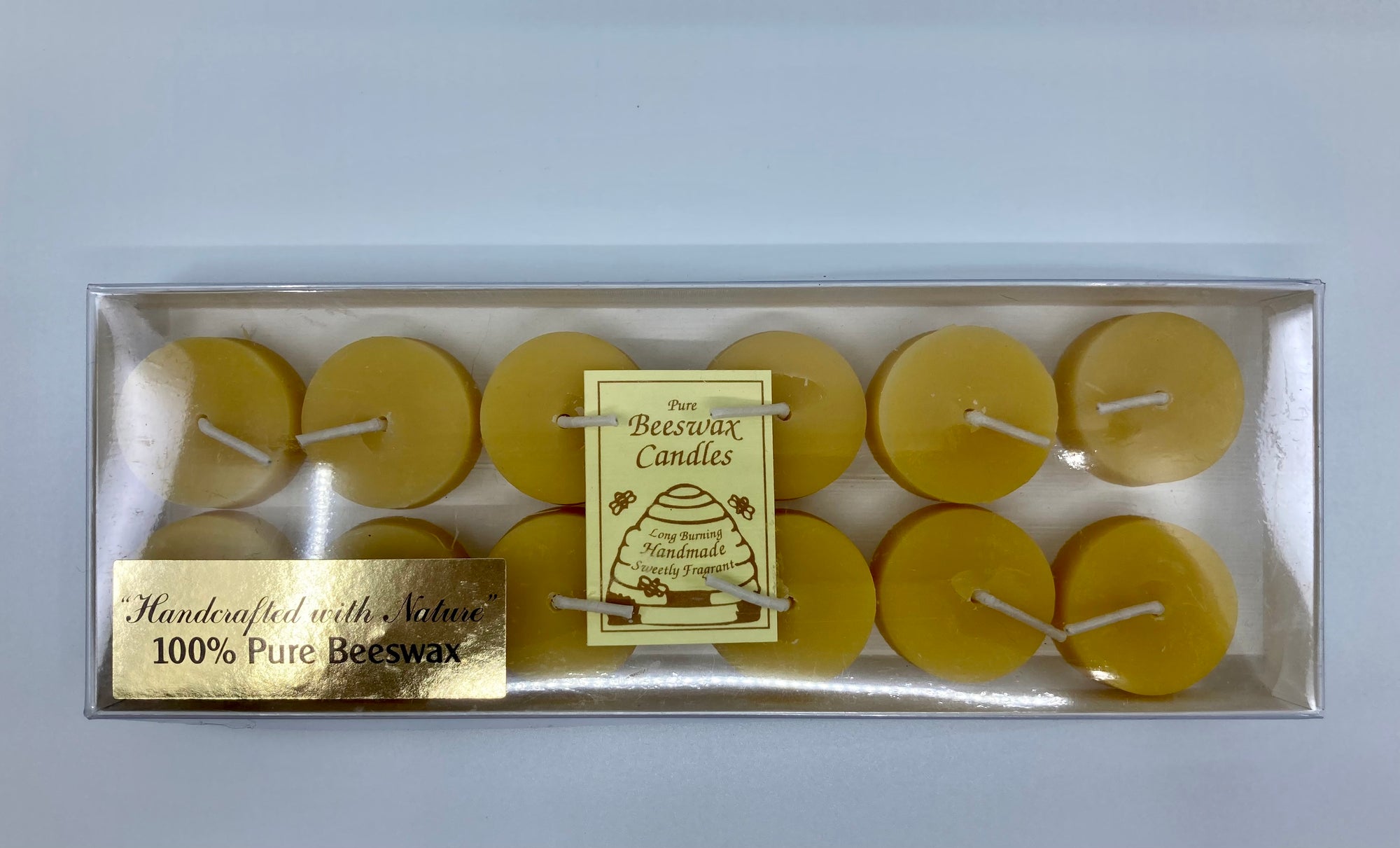 12 tea light candles made from 100% beeswax.  These candles provide the perfect relaxing ambiance and each candle will burn approximately 3-4 hours.