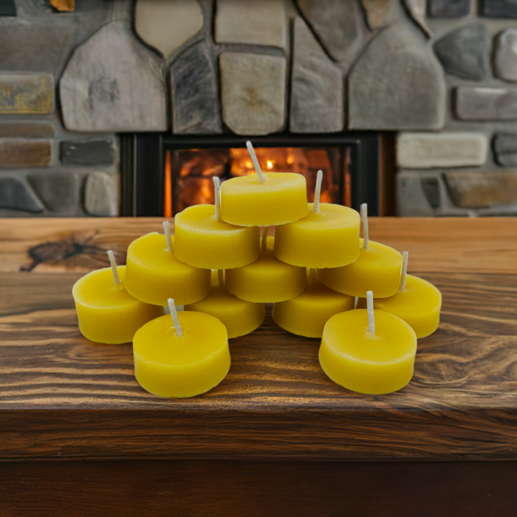 12 tea light candles made from 100% beeswax.  These candles provide the perfect relaxing ambiance and each candle will burn approximately 3-4 hours.